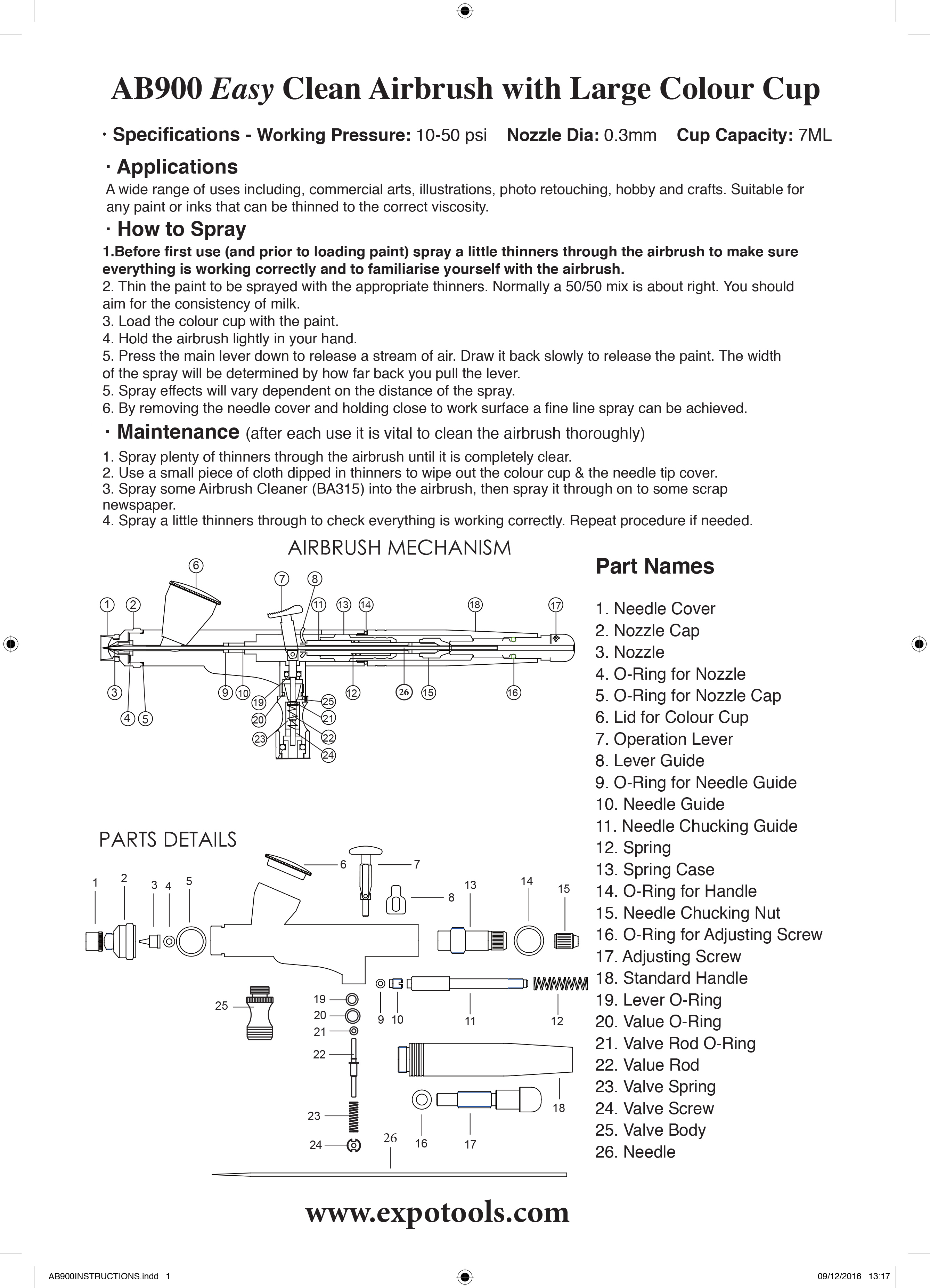 AB900 Easy Clean Airbrush with LARGE 7ml Colour Cup