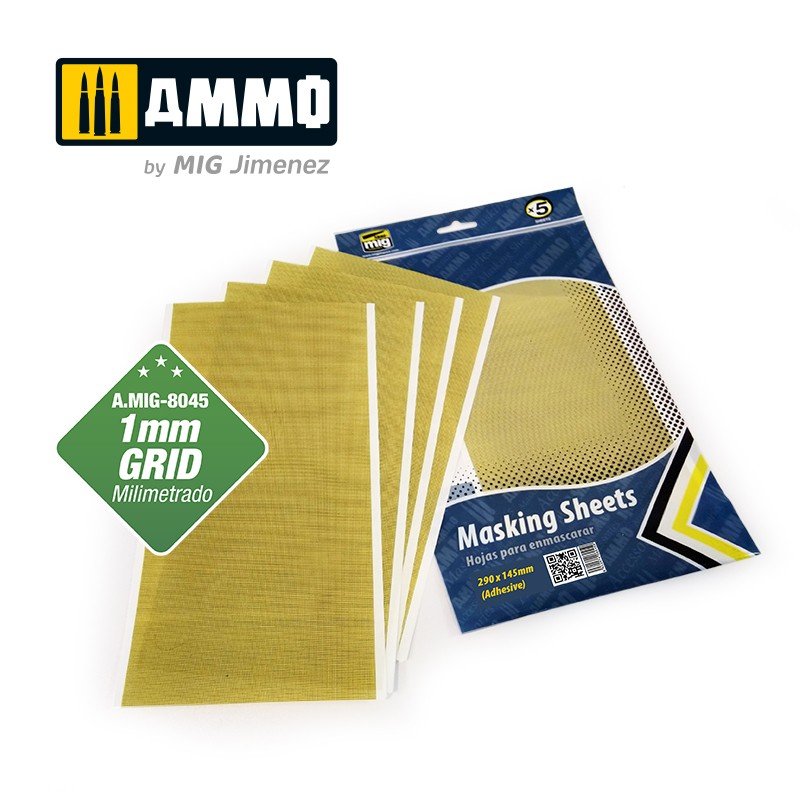 MIG8045 Ammo MASKING SHEETS 1mm GRID. x5 SHEETS. 290x145mm (Adhesive)