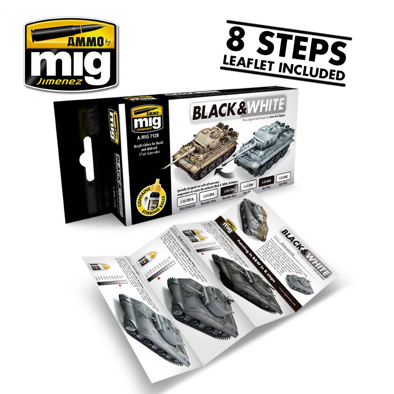 MIG7128 Ammo BLACK & WHITE TECHNIQUE ACRYLIC PAINT SET